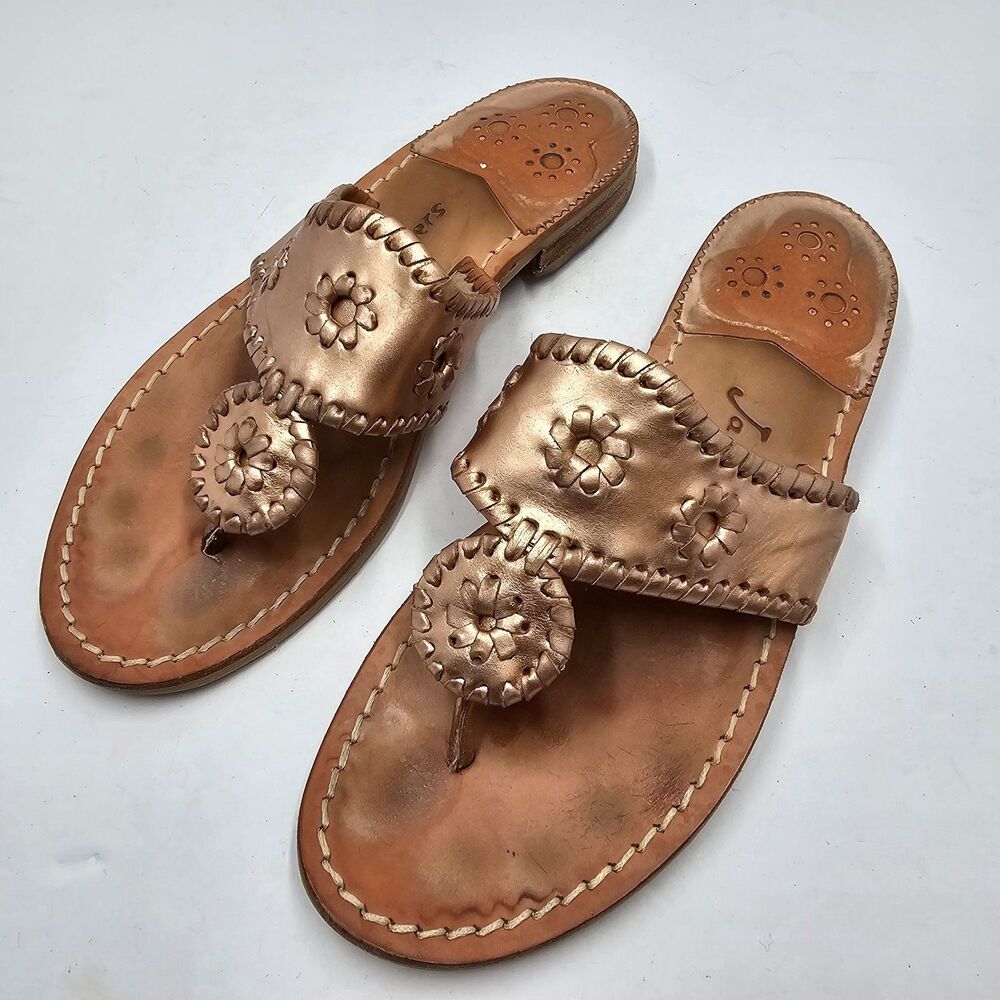 Jack Rogers Jacks Metallic Rose Gold Leather Round Medallion Sandals Womens 7
